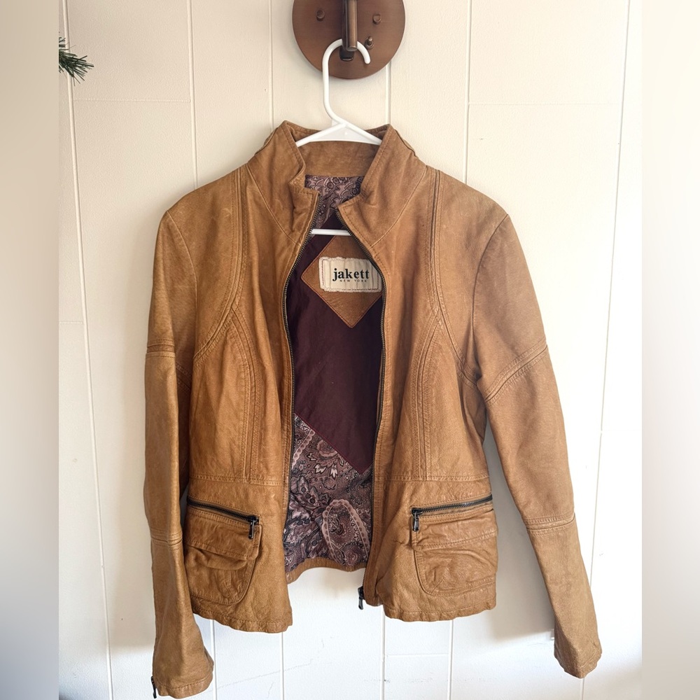 Jakett New York 100% Leather Moto Jacket Lined Women M Boho 70s Light Brown
